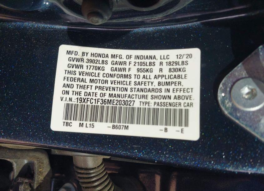 Photo 9 of 2021 Honda Civic EX (VIN 19XFC1F36ME203027)