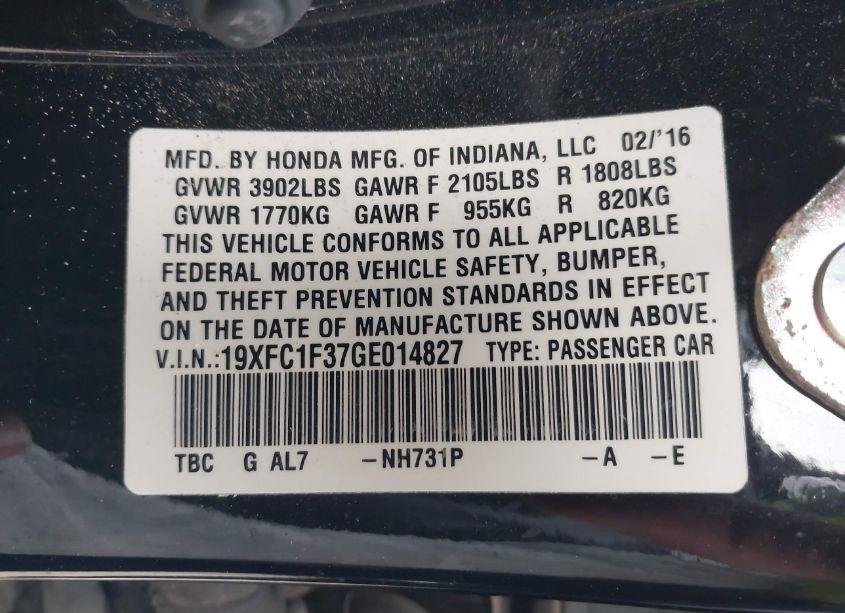 Photo 9 of 2016 Honda Civic EX-T (VIN 19XFC1F37GE014827)