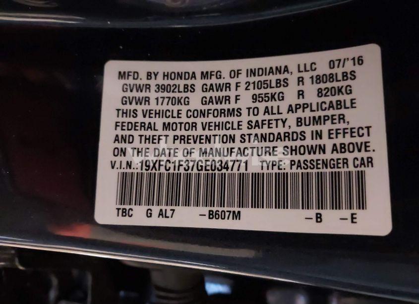Photo 9 of 2016 Honda Civic EX-T (VIN 19XFC1F37GE034771)