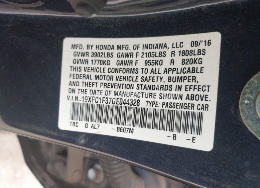 Photo 9 of 2016 Honda Civic EX-T (VIN 19XFC1F37GE044328)