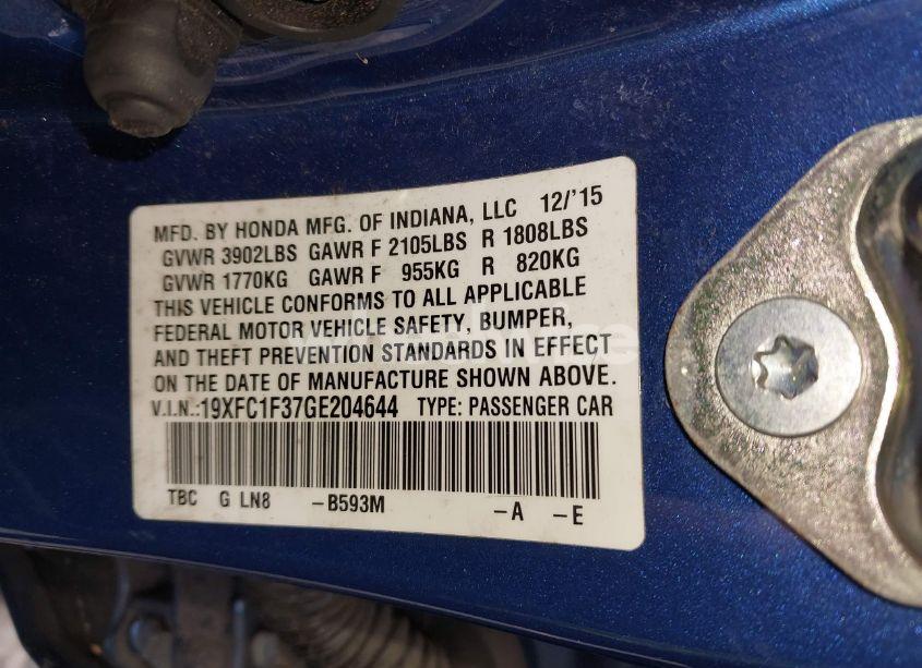 Photo 9 of 2016 Honda Civic EX-T (VIN 19XFC1F37GE204644)