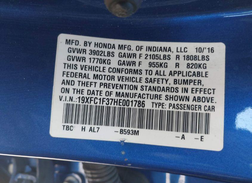 Photo 9 of 2017 Honda Civic EX-T (VIN 19XFC1F37HE001786)