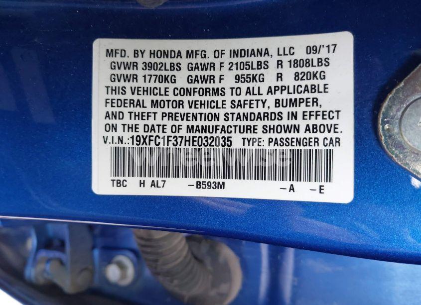Photo 9 of 2017 Honda Civic EX-T (VIN 19XFC1F37HE032035)