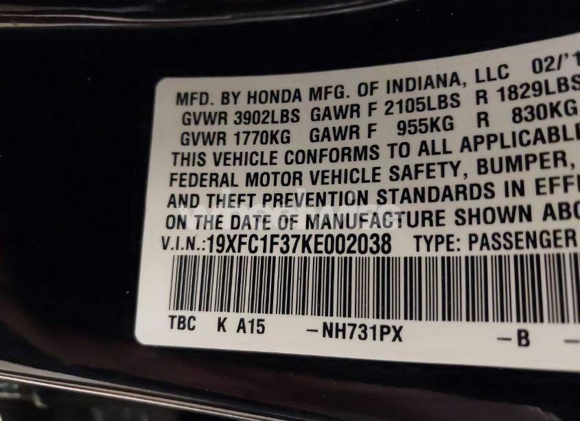 Photo 9 of 2019 Honda Civic EX (VIN 19XFC1F37KE002038)