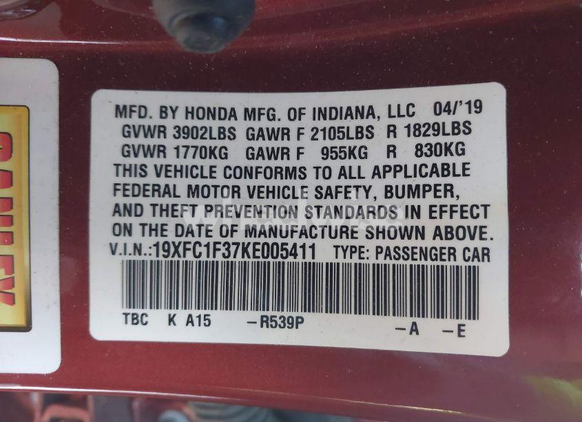 Photo 9 of 2019 Honda Civic EX (VIN 19XFC1F37KE005411)