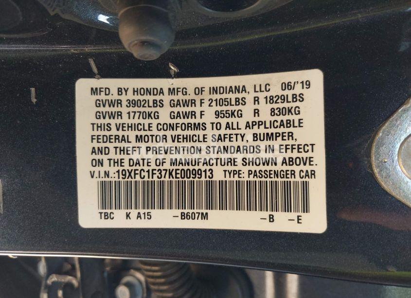 Photo 9 of 2019 Honda Civic EX (VIN 19XFC1F37KE009913)