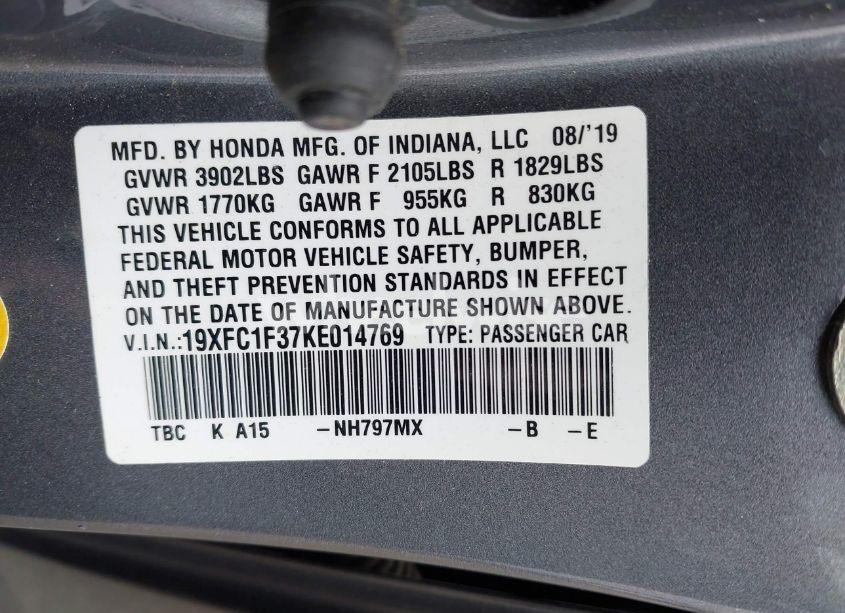 Photo 9 of 2019 Honda Civic EX (VIN 19XFC1F37KE014769)