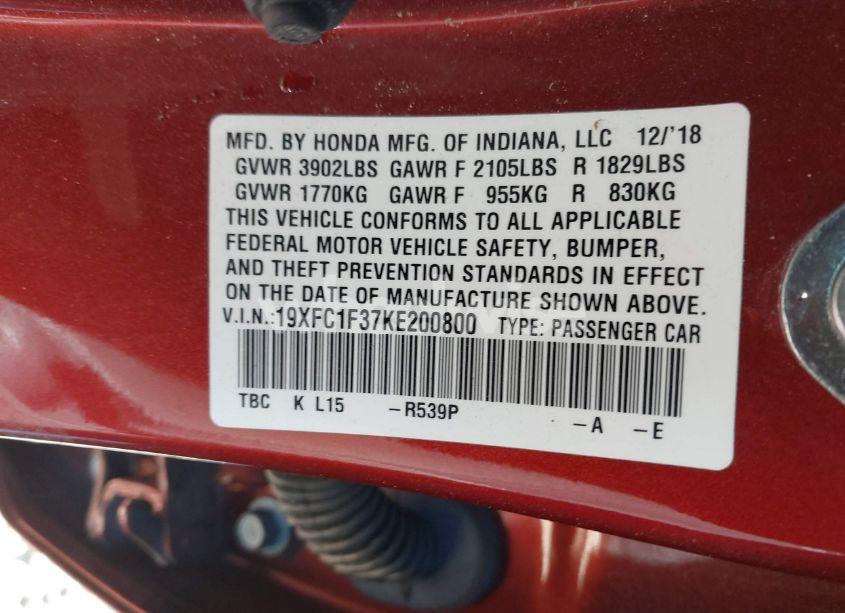 Photo 9 of 2019 Honda Civic EX (VIN 19XFC1F37KE200800)