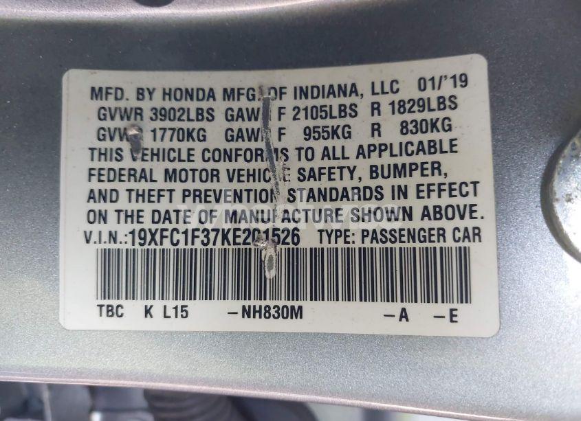 Photo 9 of 2019 Honda Civic EX (VIN 19XFC1F37KE201526)