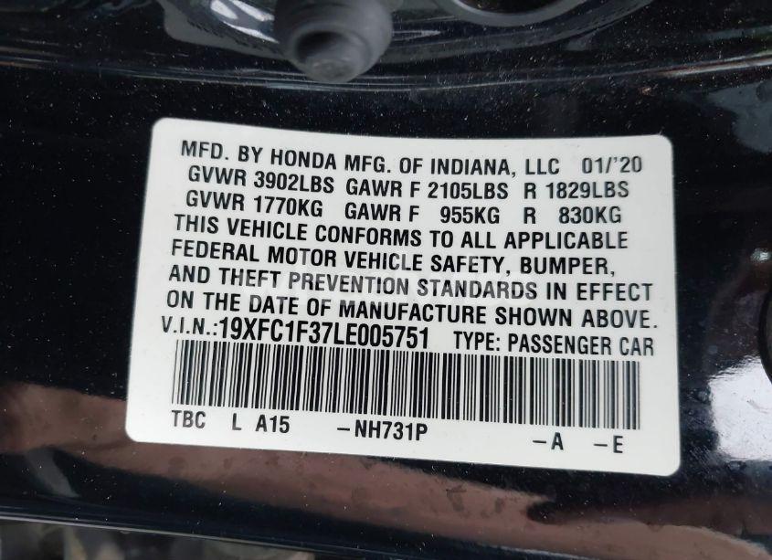 Photo 9 of 2020 Honda Civic EX (VIN 19XFC1F37LE005751)