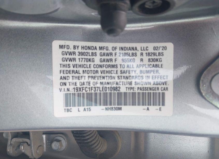 Photo 9 of 2020 Honda Civic EX (VIN 19XFC1F37LE010982)