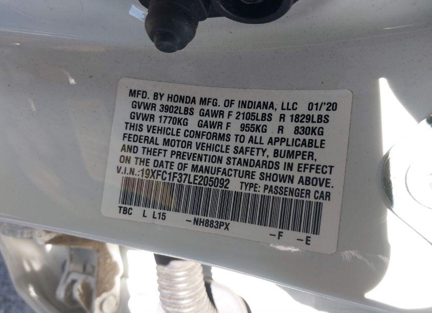 Photo 9 of 2020 Honda Civic EX (VIN 19XFC1F37LE205092)