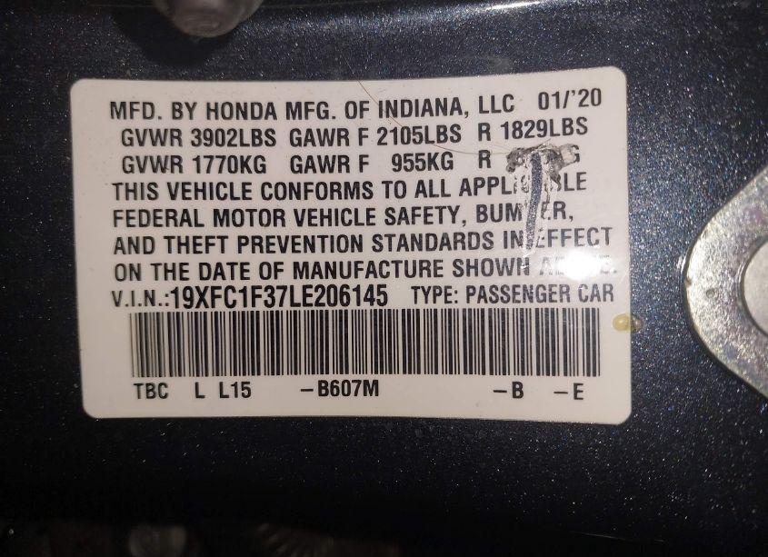Photo 9 of 2020 Honda Civic EX (VIN 19XFC1F37LE206145)