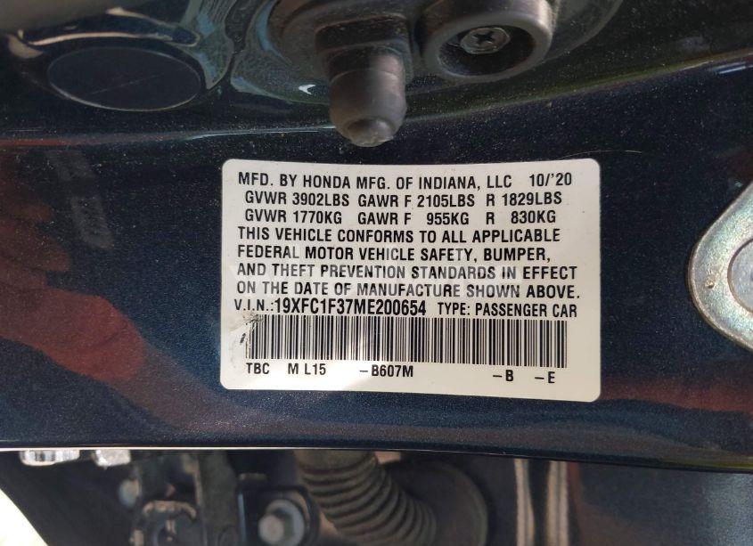 Photo 9 of 2021 Honda Civic EX (VIN 19XFC1F37ME200654)