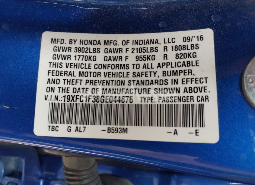 Photo 9 of 2016 Honda Civic EX-T (VIN 19XFC1F38GE044676)