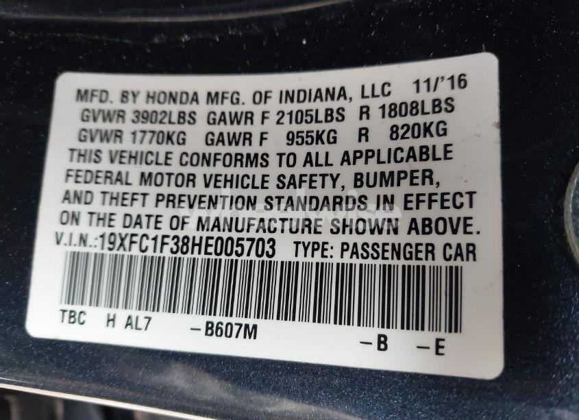 Photo 9 of 2017 Honda Civic EX-T (VIN 19XFC1F38HE005703)