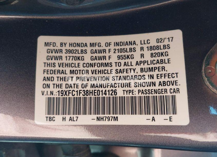 Photo 9 of 2017 Honda Civic EX-T (VIN 19XFC1F38HE014126)