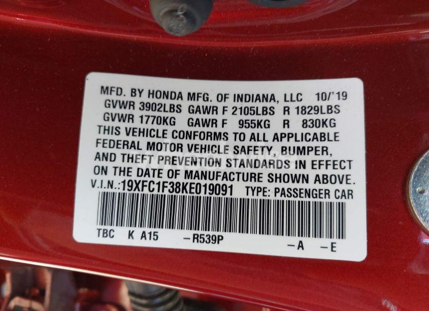 Photo 9 of 2019 Honda Civic EX (VIN 19XFC1F38KE019091)