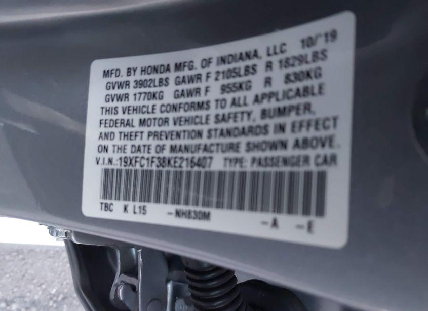 Photo 9 of 2019 Honda Civic EX (VIN 19XFC1F38KE216407)