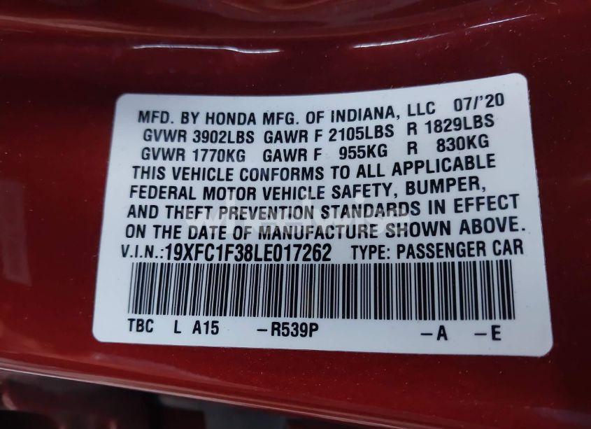 Photo 9 of 2020 Honda Civic EX (VIN 19XFC1F38LE017262)