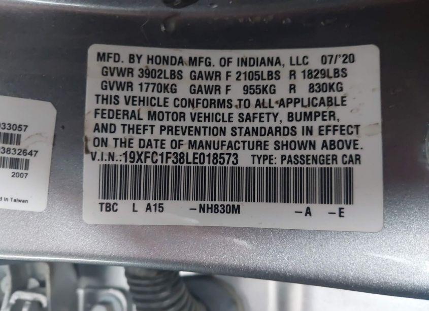 Photo 9 of 2020 Honda Civic EX (VIN 19XFC1F38LE018573)