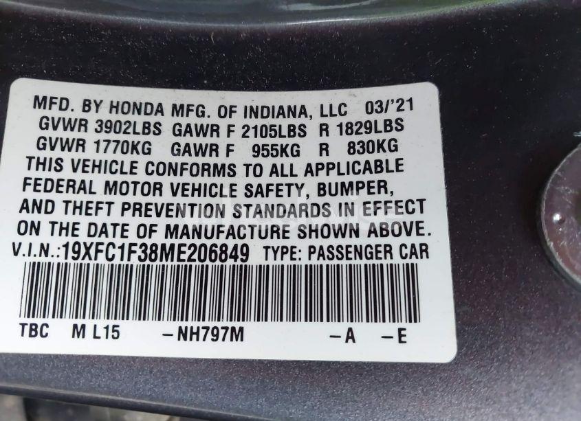 Photo 9 of 2021 Honda Civic EX (VIN 19XFC1F38ME206849)
