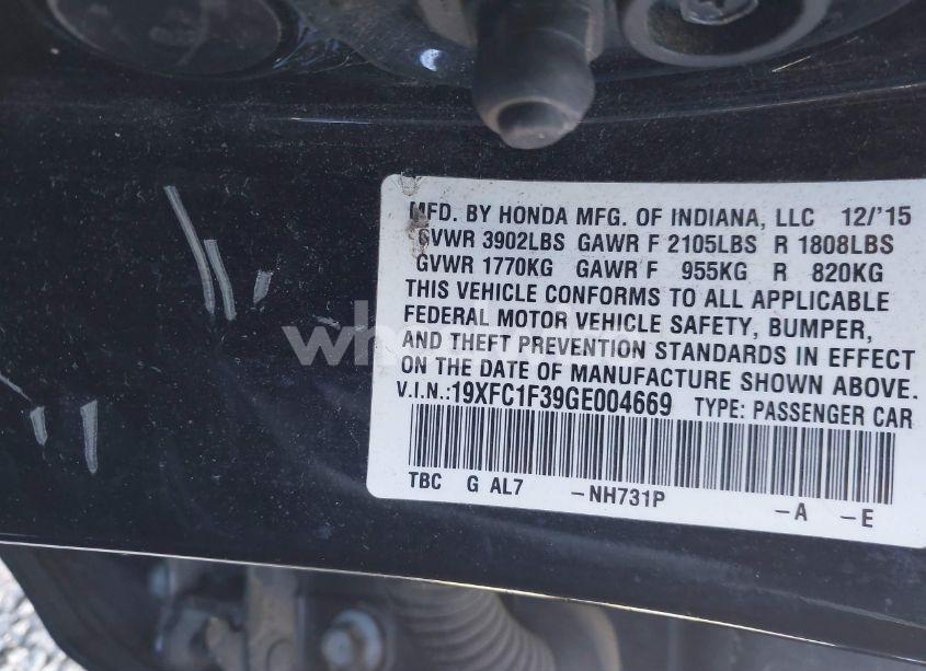 Photo 9 of 2016 Honda Civic EX-T (VIN 19XFC1F39GE004669)