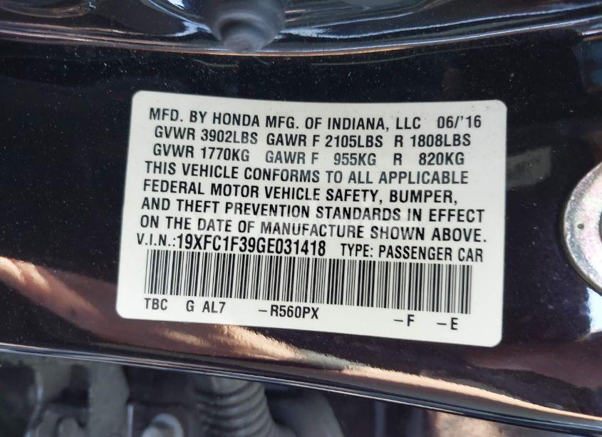 Photo 9 of 2016 Honda Civic EX-T (VIN 19XFC1F39GE031418)