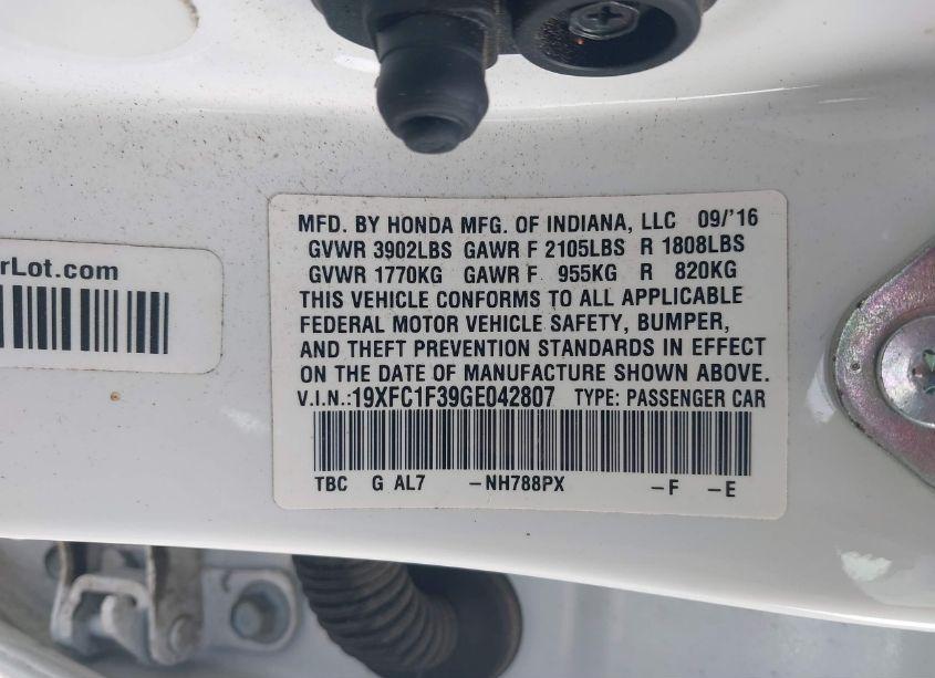 Photo 9 of 2016 Honda Civic EX-T (VIN 19XFC1F39GE042807)