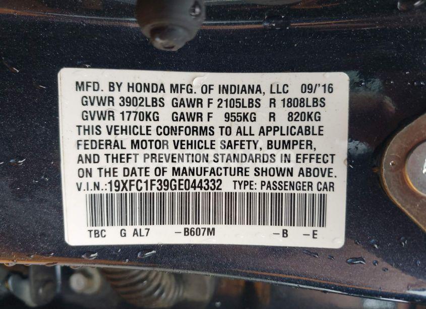 Photo 9 of 2016 Honda Civic EX-T (VIN 19XFC1F39GE044332)