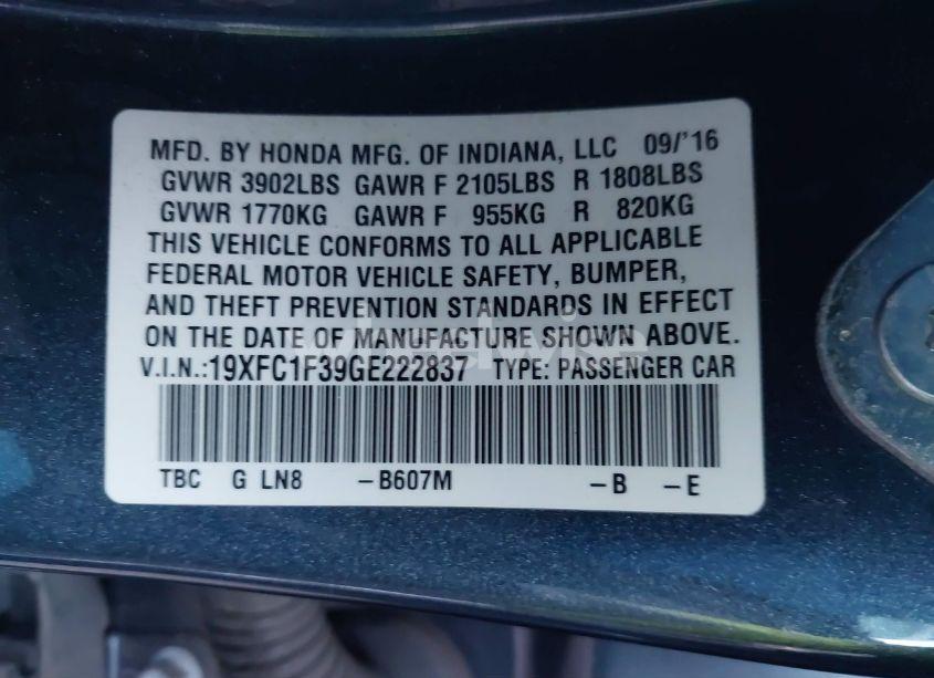 Photo 9 of 2016 Honda Civic EX-T (VIN 19XFC1F39GE222837)