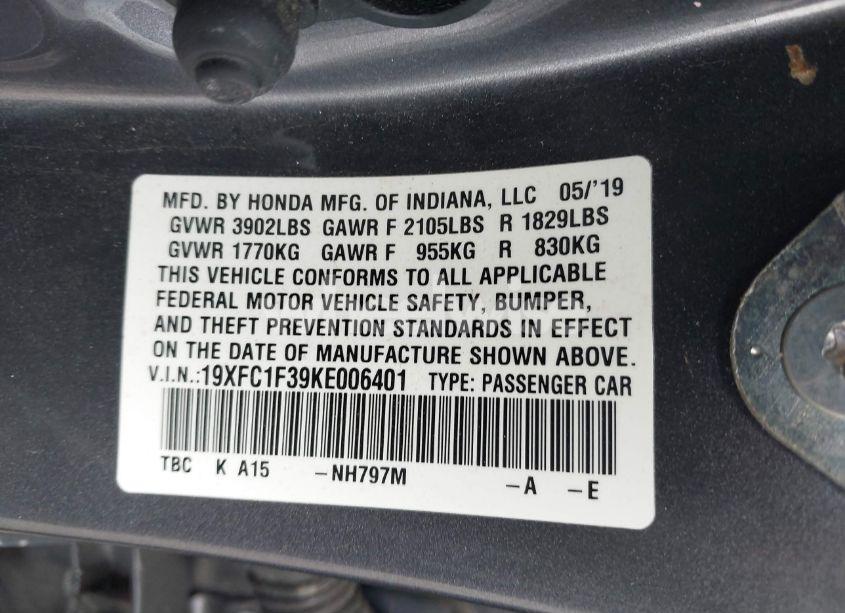 Photo 9 of 2019 Honda Civic EX (VIN 19XFC1F39KE006401)