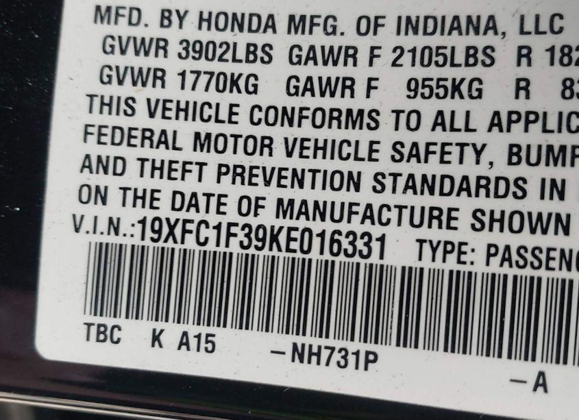 Photo 9 of 2019 Honda Civic EX (VIN 19XFC1F39KE016331)