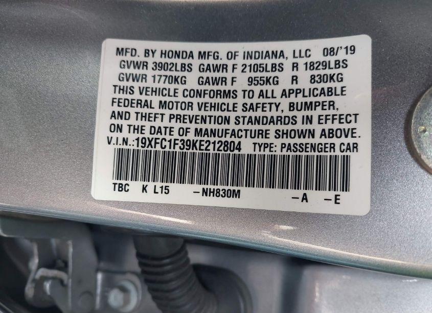 Photo 9 of 2019 Honda Civic EX (VIN 19XFC1F39KE212804)