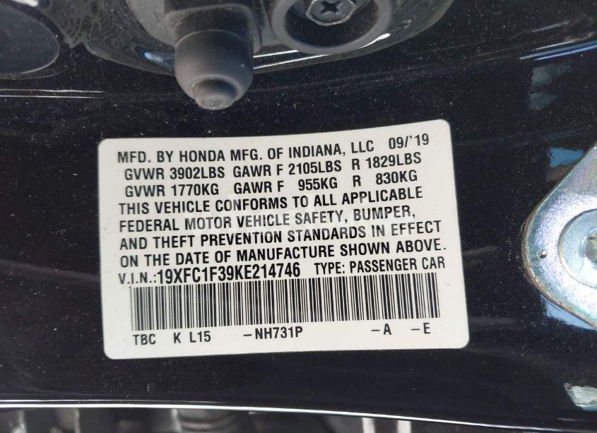 Photo 9 of 2019 Honda Civic EX (VIN 19XFC1F39KE214746)