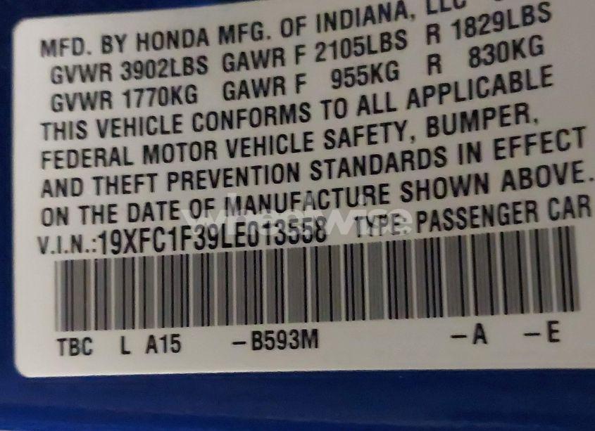 Photo 9 of 2020 Honda Civic EX (VIN 19XFC1F39LE013558)