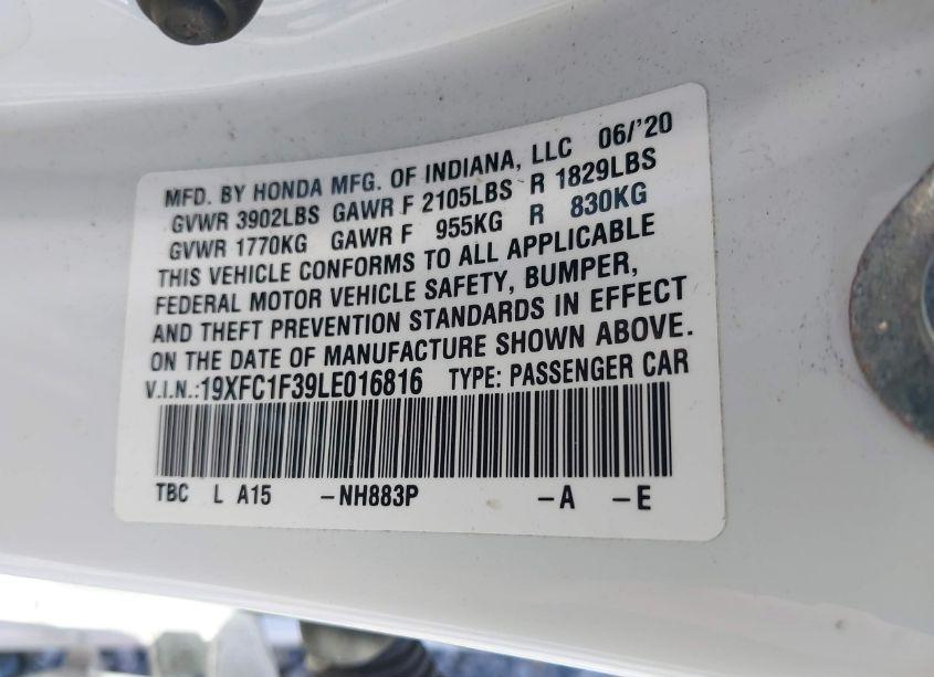 Photo 9 of 2020 Honda Civic EX (VIN 19XFC1F39LE016816)