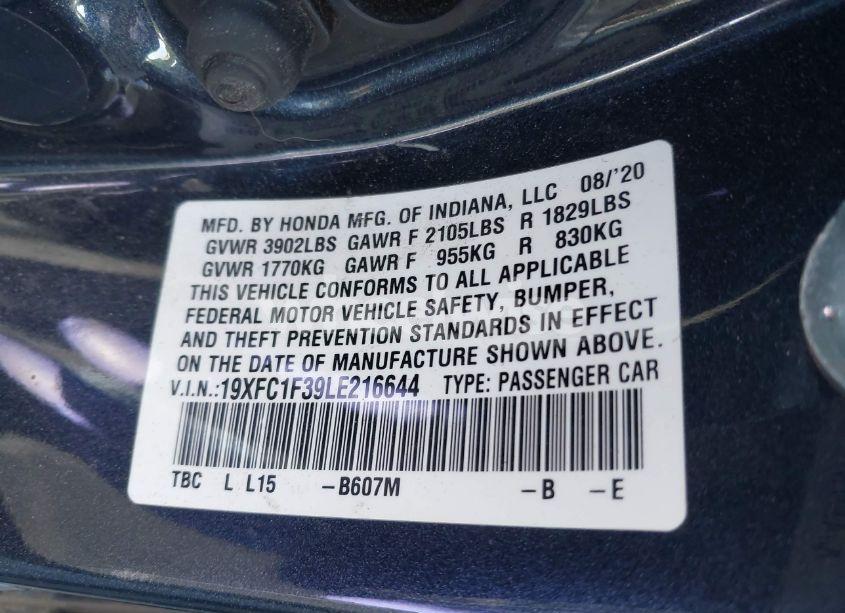 Photo 9 of 2020 Honda Civic EX (VIN 19XFC1F39LE216644)