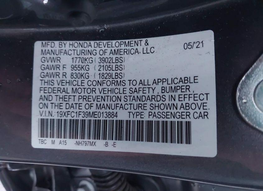 Photo 9 of 2021 Honda Civic EX (VIN 19XFC1F39ME013884)