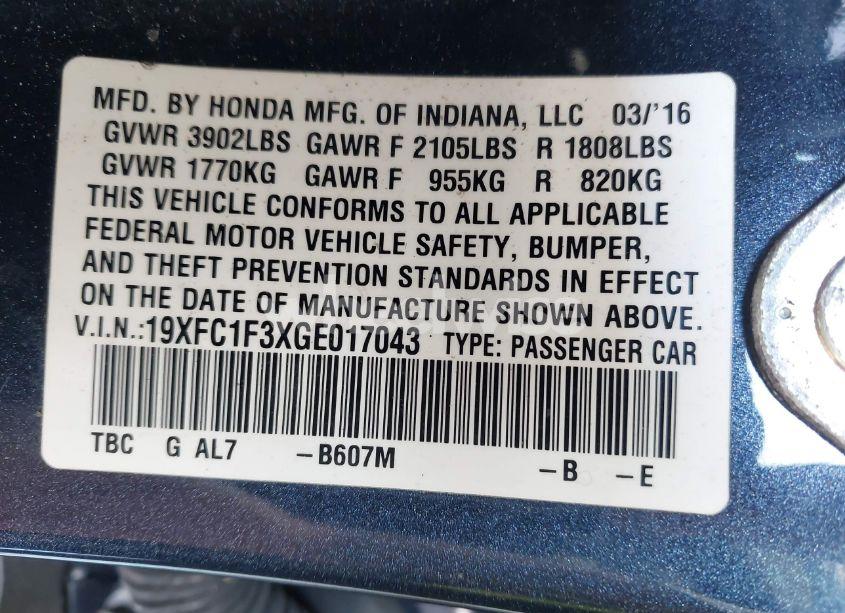 Photo 9 of 2016 Honda Civic EX-T (VIN 19XFC1F3XGE017043)
