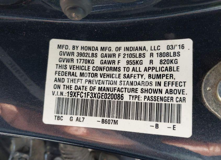 Photo 9 of 2016 Honda Civic EX-T (VIN 19XFC1F3XGE020086)