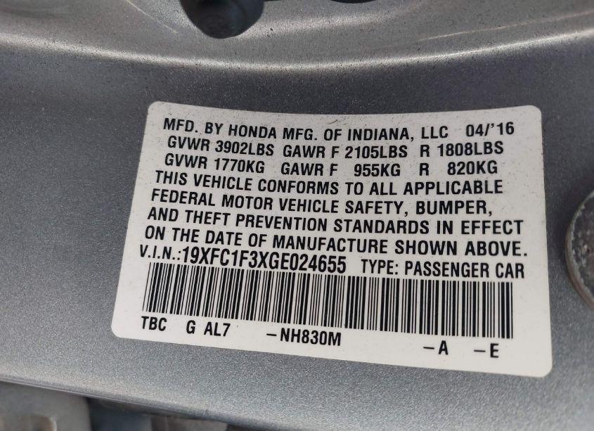 Photo 9 of 2016 Honda Civic EX-T (VIN 19XFC1F3XGE024655)