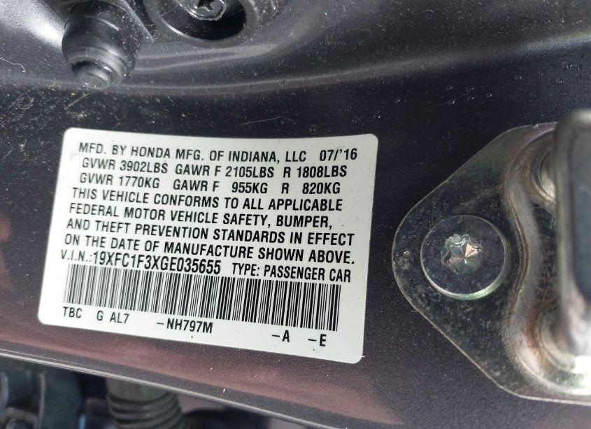 Photo 9 of 2016 Honda Civic EX-T (VIN 19XFC1F3XGE035655)