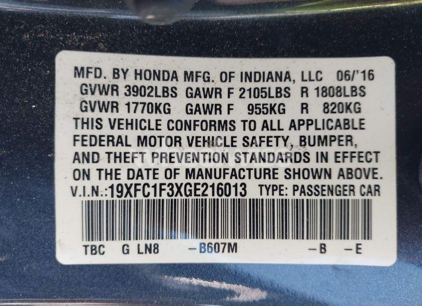 Photo 9 of 2016 Honda Civic EX-T (VIN 19XFC1F3XGE216013)