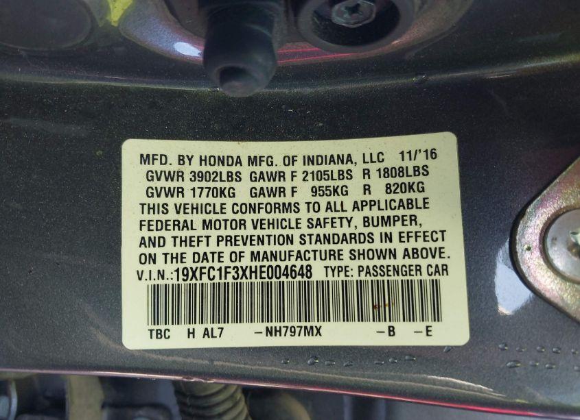 Photo 9 of 2017 Honda Civic EX-T (VIN 19XFC1F3XHE004648)