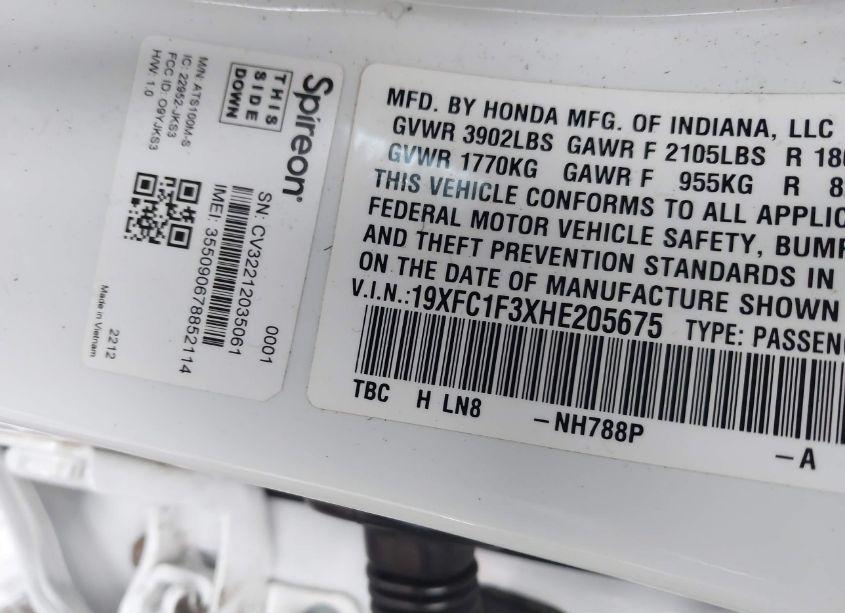 Photo 9 of 2017 Honda Civic EX-T (VIN 19XFC1F3XHE205675)