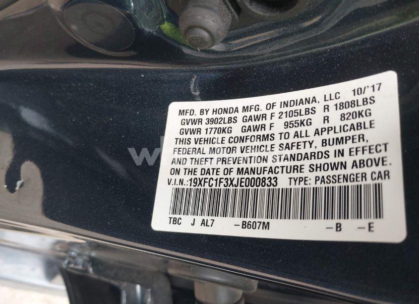 Photo 9 of 2018 Honda Civic EX-T (VIN 19XFC1F3XJE000833)