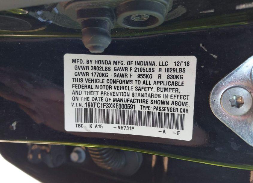 Photo 9 of 2019 Honda Civic EX (VIN 19XFC1F3XKE000591)