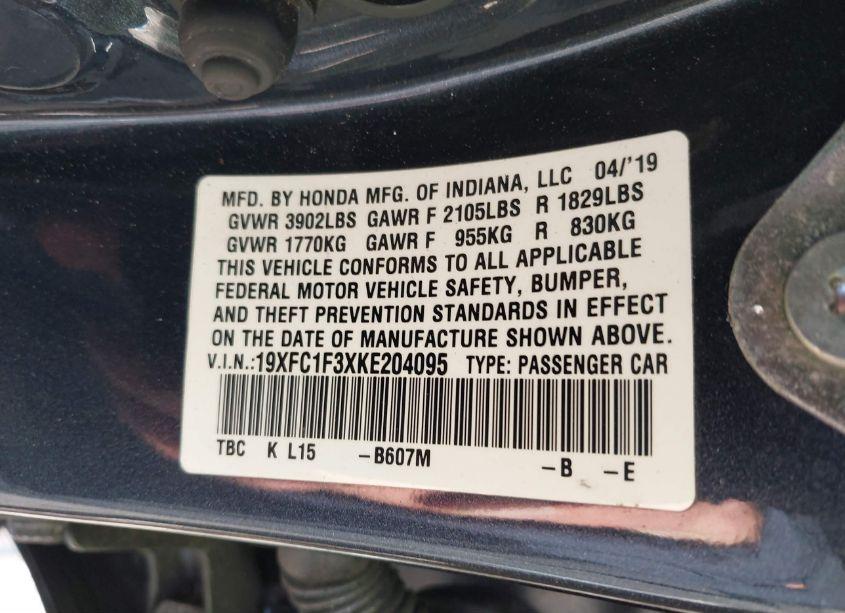 Photo 9 of 2019 Honda Civic EX (VIN 19XFC1F3XKE204095)