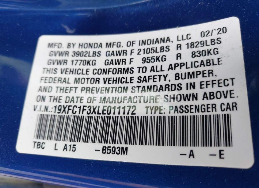 Photo 9 of 2020 Honda Civic EX (VIN 19XFC1F3XLE011172)